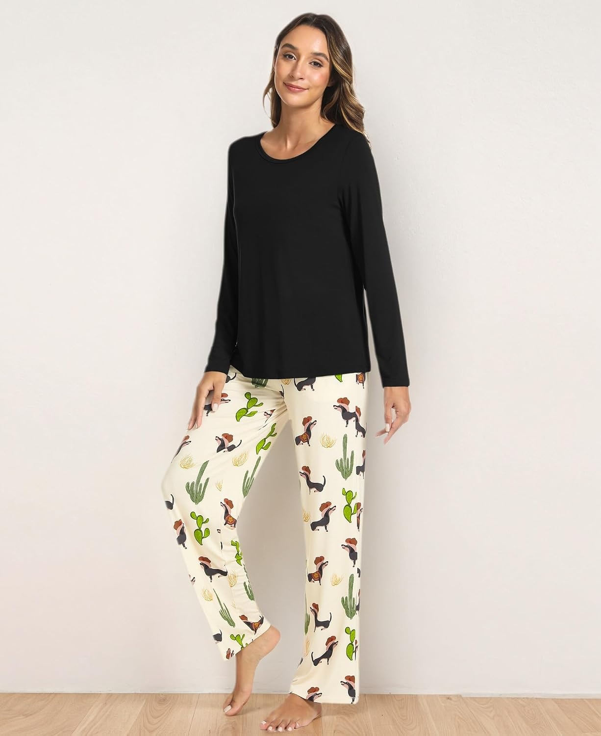 image:imageGYS Bamboo Viscose Pajamas for Women Set Long Sleeve Crew Neck SleepwearBlackCactus