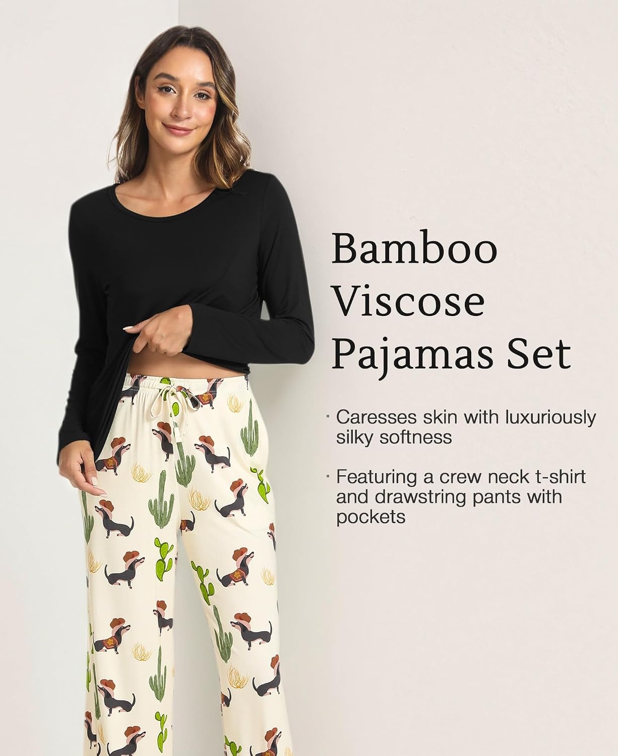 image:imageGYS Bamboo Viscose Pajamas for Women Set Long Sleeve Crew Neck SleepwearBlackCactus