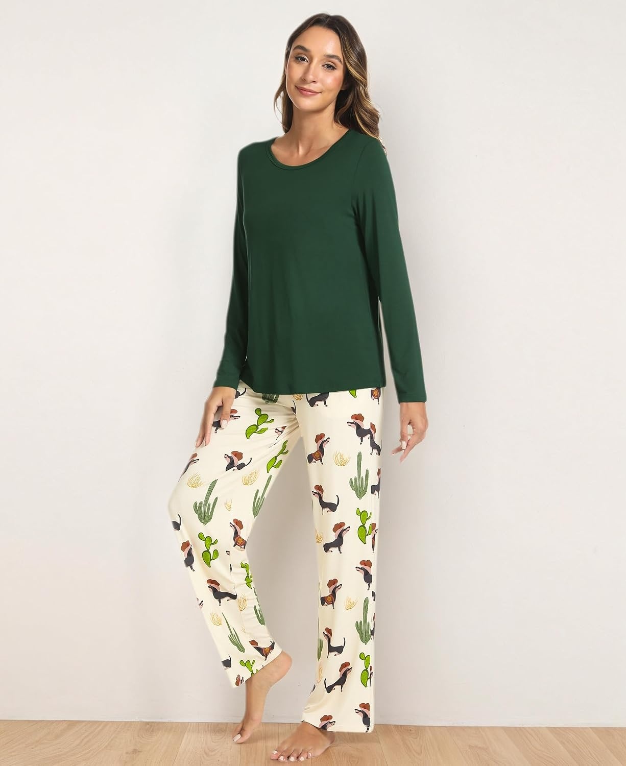image:imageGYS Bamboo Viscose Pajamas for Women Set Long Sleeve Crew Neck SleepwearDark GreenCactus