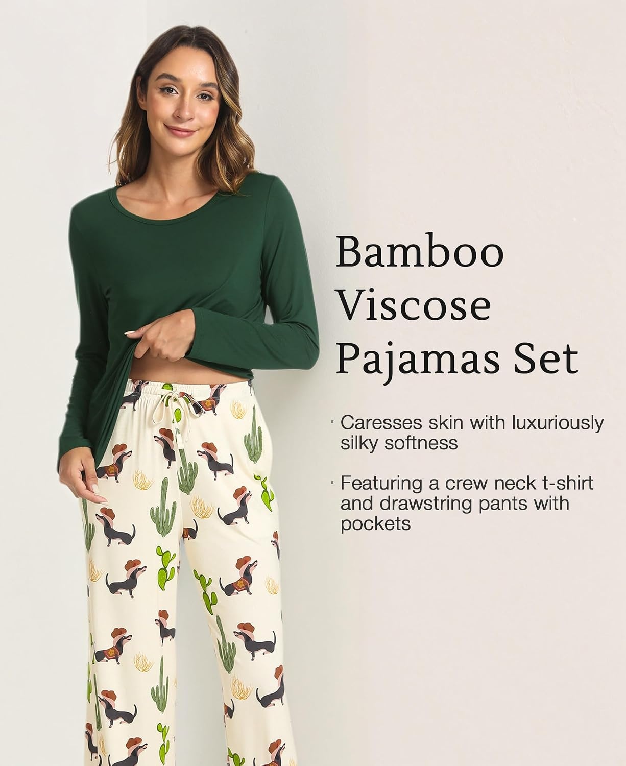 image:imageGYS Bamboo Viscose Pajamas for Women Set Long Sleeve Crew Neck SleepwearDark GreenCactus