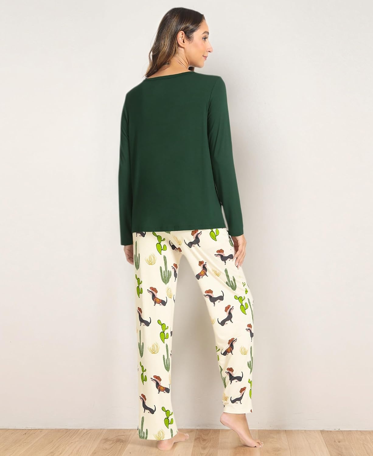 image:imageGYS Bamboo Viscose Pajamas for Women Set Long Sleeve Crew Neck SleepwearDark GreenCactus