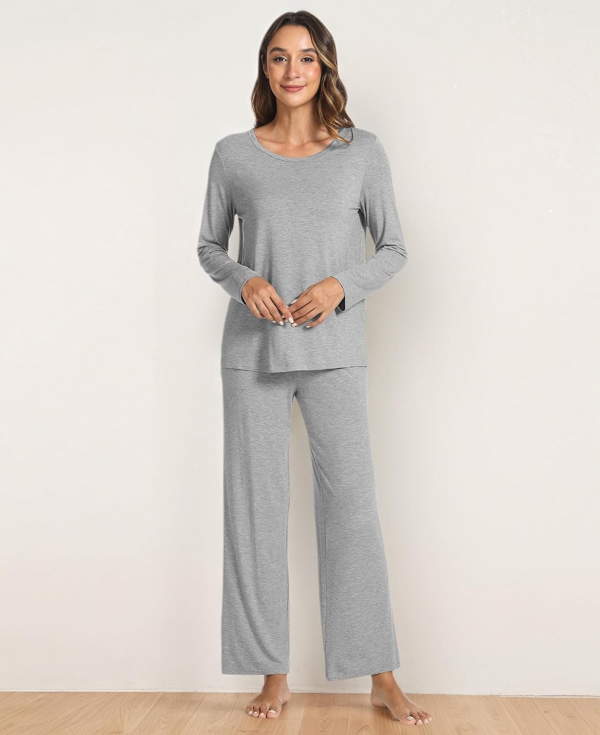image:imageGYS Bamboo Viscose Pajamas for Women Set Long Sleeve Crew Neck SleepwearHeather Grey