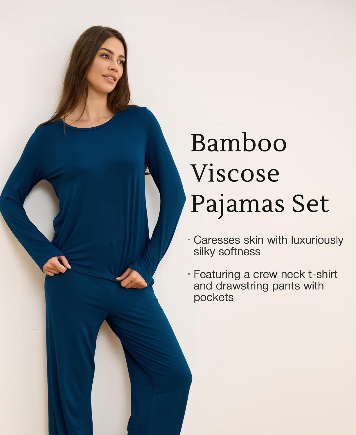 image:imageGYS Bamboo Viscose Pajamas for Women Set Long Sleeve Crew Neck SleepwearInk Blue