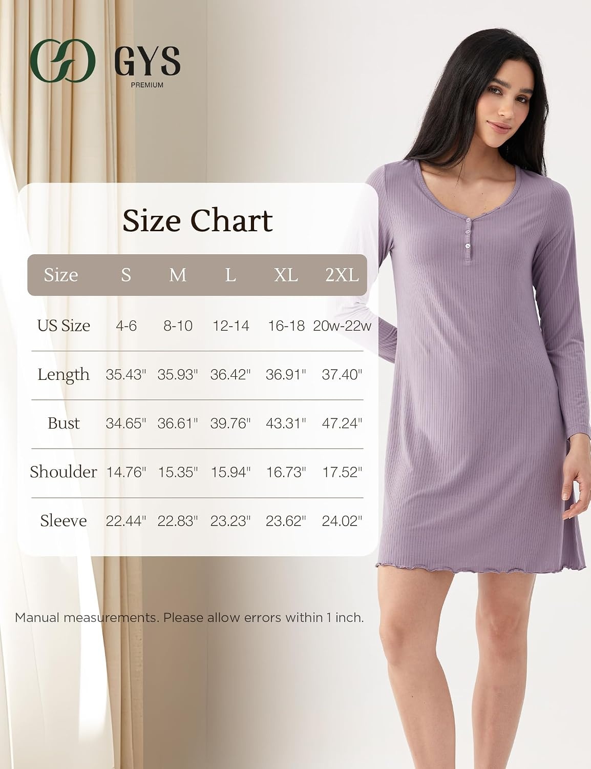 image:imageGYS Premium Bamboo Viscose Long Sleeve Nightgowns for Women Violet L