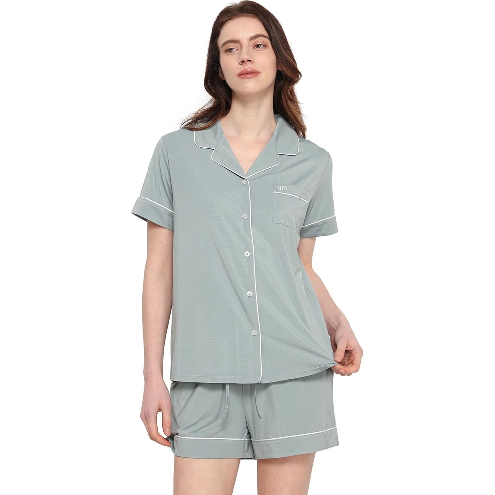 image:imageGYS Bamboo Viscose Button Down Pajamas for Women Cooling Pjs Shorts SetLight Greyish Green