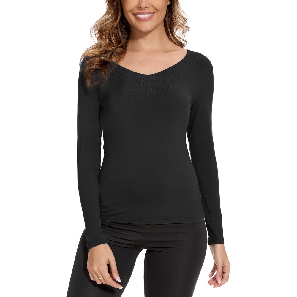 image:imageGYS Bamboo Viscose Long Sleeve Pajama Tops for Women V Neck Slim Fit ShirtsBlack