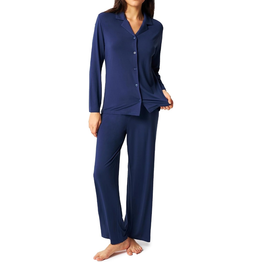image:imageGYS Bamboo Viscose Pajamas for Women Long Sleeve Button Down Sleep SetNavy