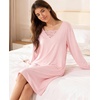 GYS Premium Nightgown for Women Bamboo Viscose Long Sleeve Lace V Neck Soft Sleep Dress(Pink)