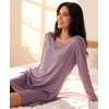 GYS Premium Nightgown for Women Bamboo Viscose Long Sleeve Lace V Neck Soft Sleep Dress(Violet)