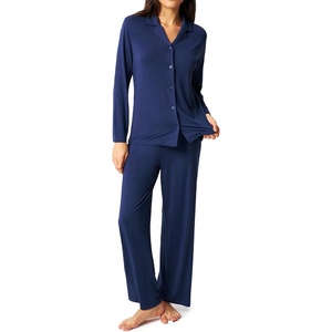 GYS Bamboo Viscose Pajamas for Women, Long Sleeve Button Down Sleep Set(Navy)