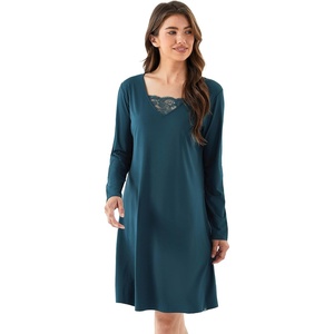 GYS Premium Nightgown for Women Bamboo Viscose Long Sleeve Lace V Neck Soft Sleep Dress(Ink Blue)