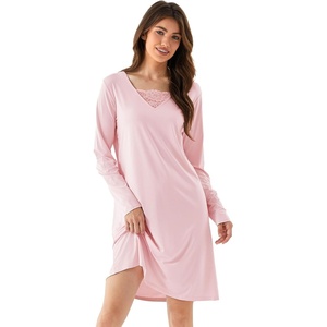 GYS Premium Nightgown for Women Bamboo Viscose Long Sleeve Lace V Neck Soft Sleep Dress(Pink)