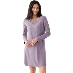 GYS Premium Nightgown for Women Bamboo Viscose Long Sleeve Lace V Neck Soft Sleep Dress(Violet)