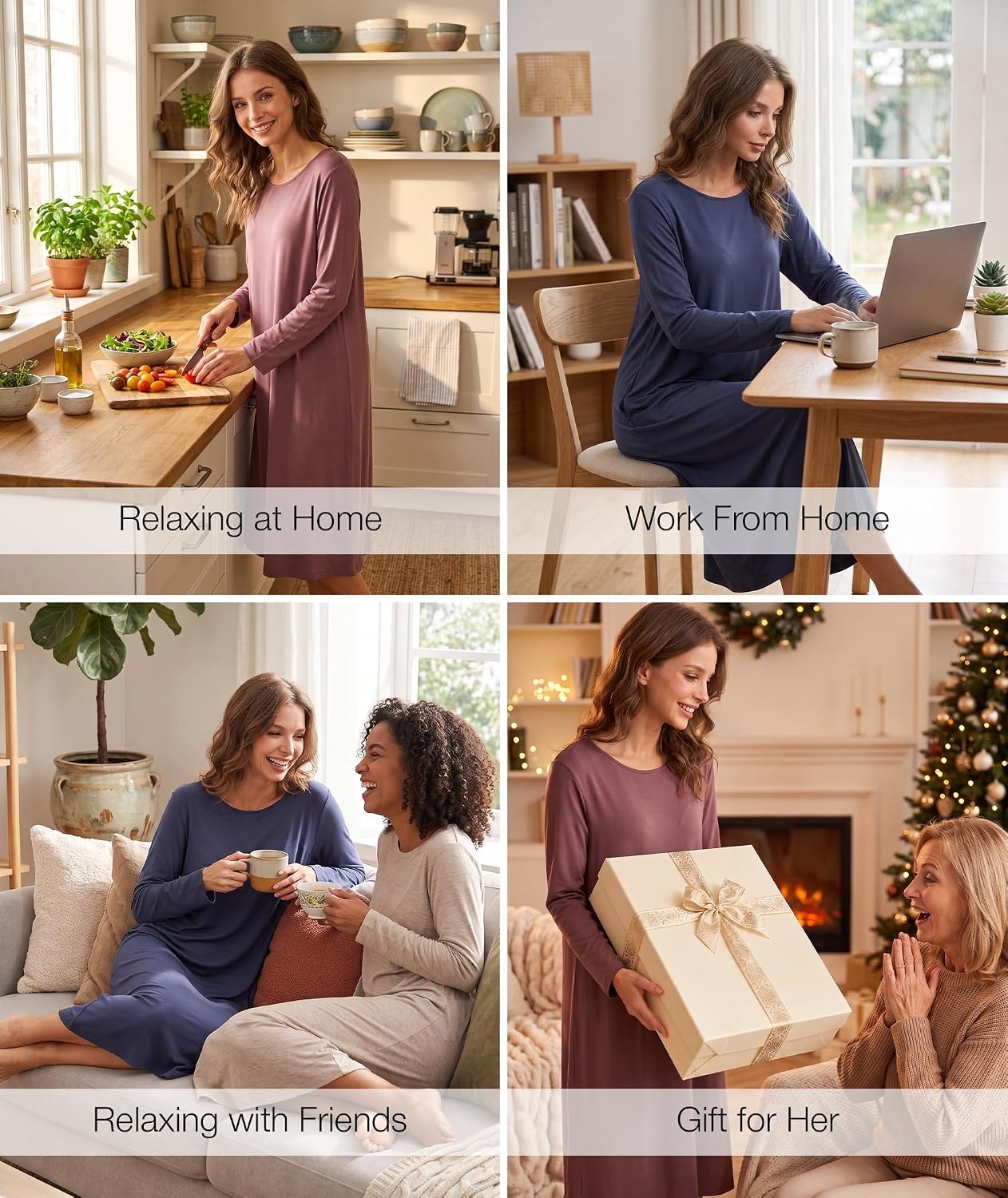image:imageGYS Bamboo Viscose Long Sleeve Nightgowns for Women Silky Soft Sleep ShirtMauve