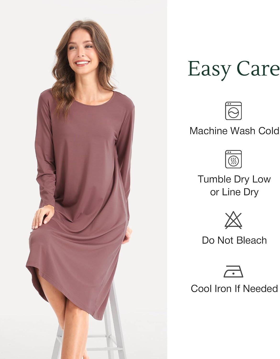 image:imageGYS Bamboo Viscose Long Sleeve Nightgowns for Women Silky Soft Sleep ShirtMauve