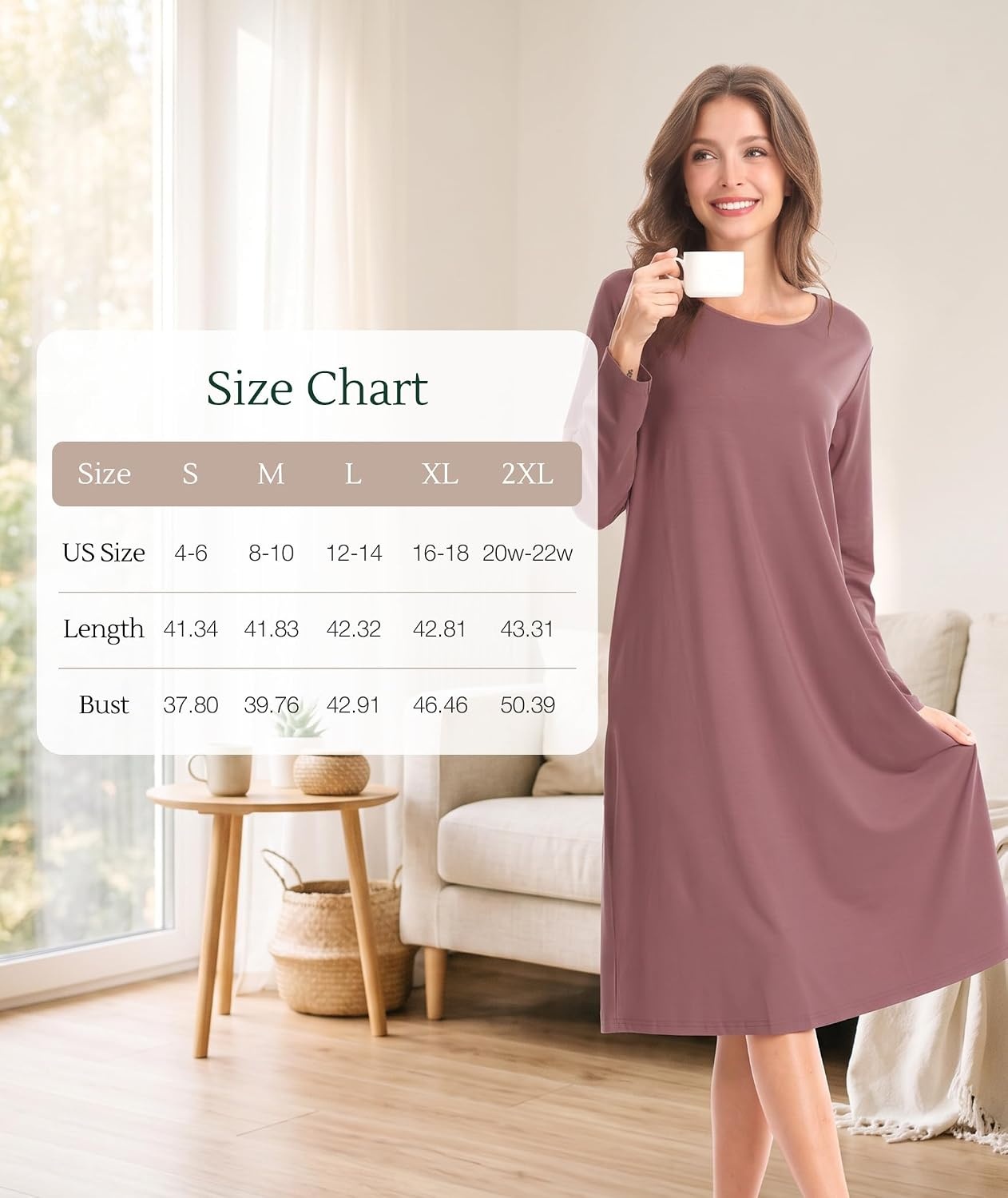 image:imageGYS Bamboo Viscose Long Sleeve Nightgowns for Women Silky Soft Sleep ShirtMauve