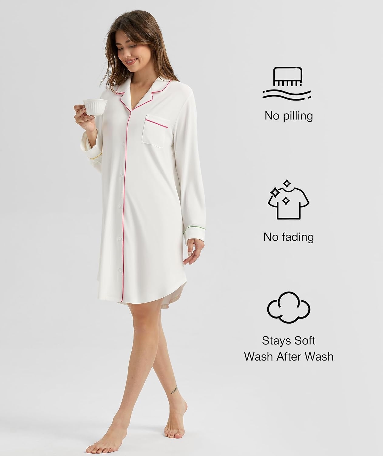 image:imageGYS Bamboo Viscose Nightgowns for Women Long Sleeve Soft SleepdressWhite