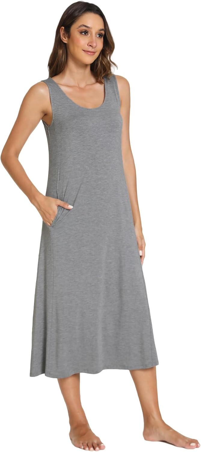 image:imageGYS Sleeveless Nightgowns for Women Bamboo Viscose Night Shirt with PocketsHeather Grey