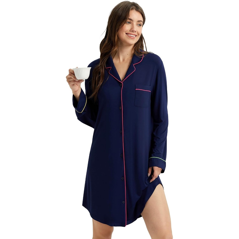 image:imageGYS Bamboo Viscose Nightgowns for Women Long Sleeve Soft SleepdressNavy