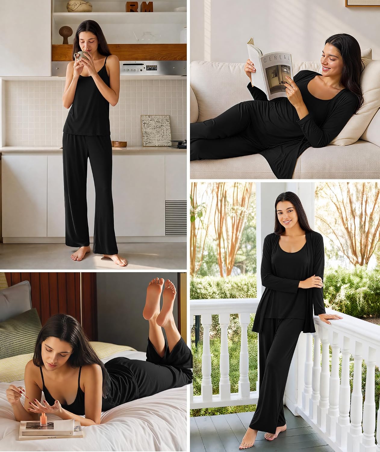 image:imageGYS 3 Piece Bamboo Viscose Pajamas for Women Set Butterysoft Sleepwear SetBlack
