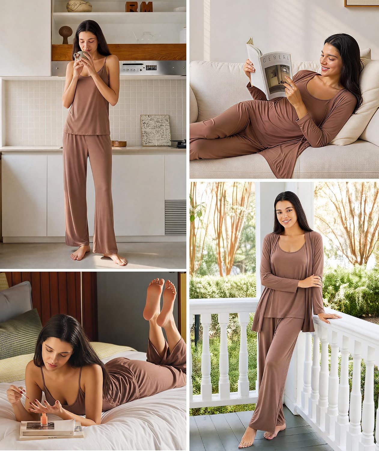 image:imageGYS 3 Piece Bamboo Viscose Pajamas for Women Set Butterysoft Sleepwear SetBrown