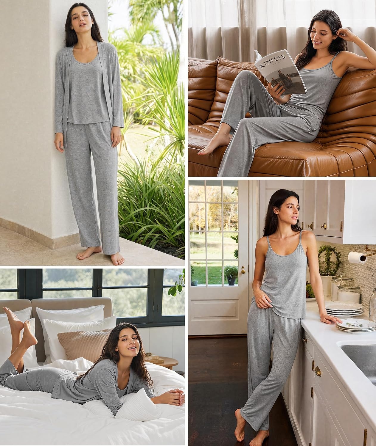 image:imageGYS 3 Piece Bamboo Viscose Pajamas for Women Set Butterysoft Sleepwear SetHeather Grey