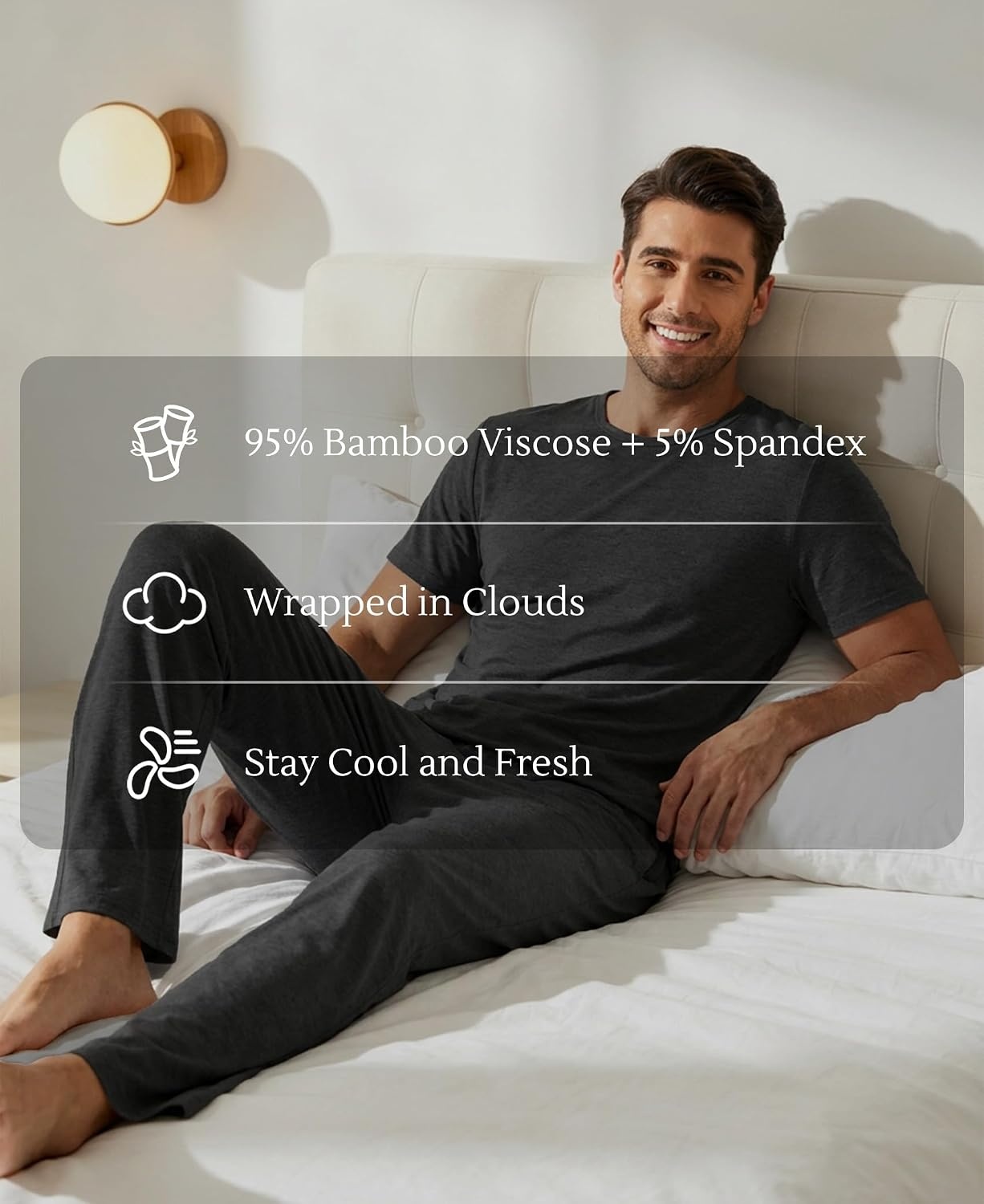 image:imageGYS Bamboo Viscose Mens Pajama Sets Soft Short Sleeve Loungewear SetsBlack Melange