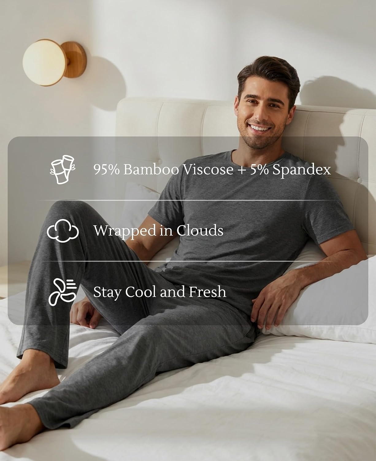 image:imageGYS Bamboo Viscose Mens Pajama Sets Soft Short Sleeve Loungewear SetsDark Heather Grey