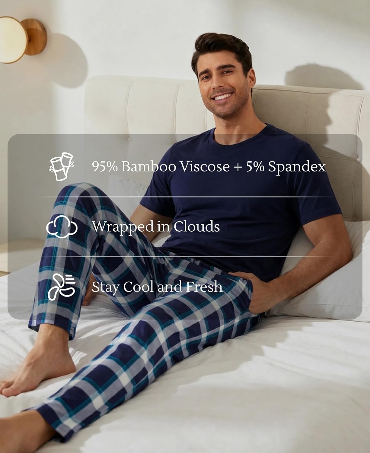 image:imageGYS Bamboo Viscose Mens Pajama Sets Soft Short Sleeve Loungewear SetsNavy Green Plaid