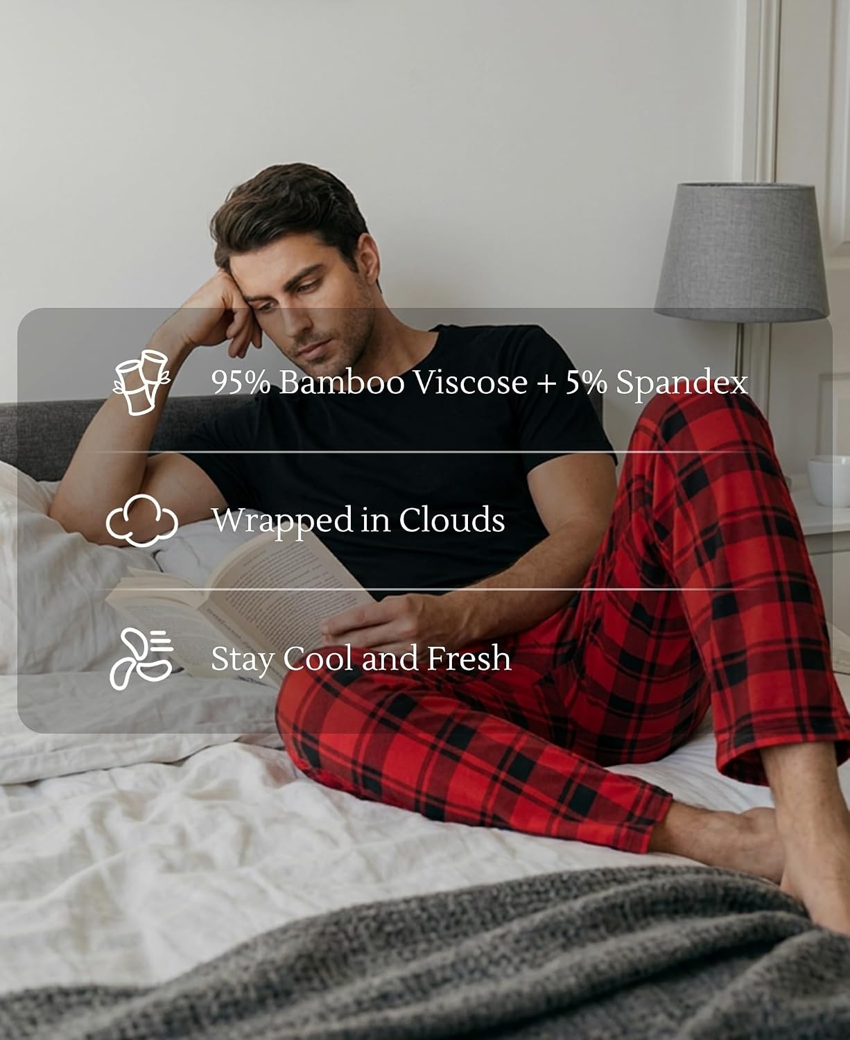 image:imageGYS Bamboo Viscose Mens Pajama Sets Soft Short Sleeve Loungewear SetsRed Plaid