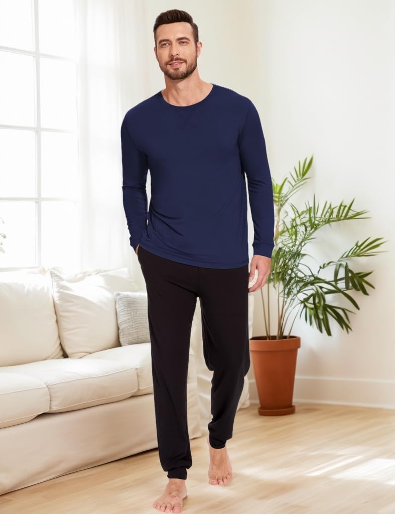 image:imageGYS Mens Long Sleeve Pajama Shirt Bamboo Viscose Sleep TopsNavy
