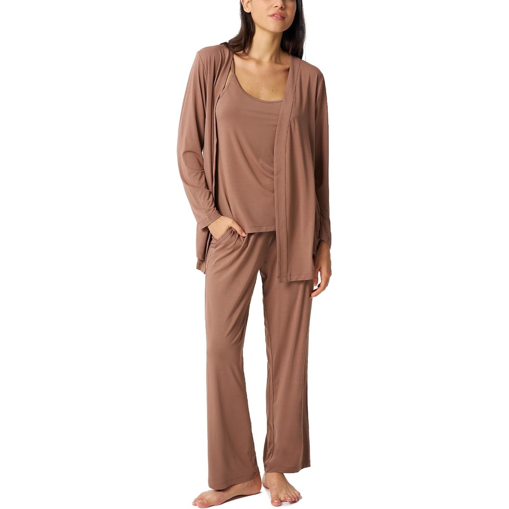image:imageGYS 3 Piece Bamboo Viscose Pajamas for Women Set Butterysoft Sleepwear SetBrown