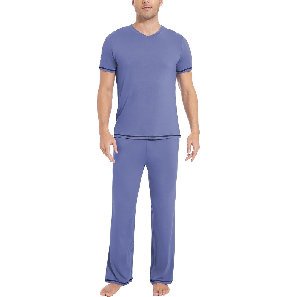 image:imageGYS Bamboo Viscose Mens Pajama Sets Short Sleeve UltraSoft PJs SetFog Blue