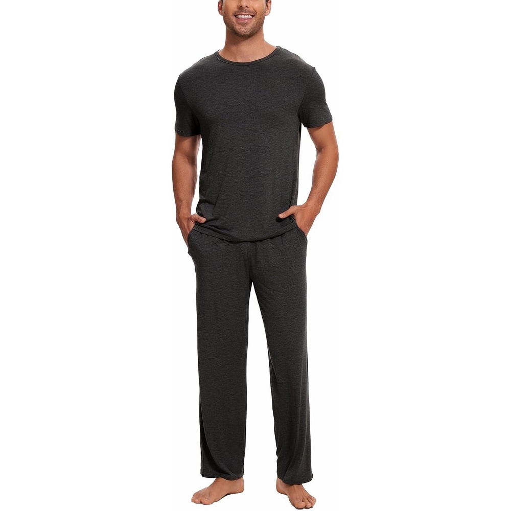 image:imageGYS Bamboo Viscose Mens Pajama Sets Soft Short Sleeve Loungewear SetsBlack Melange