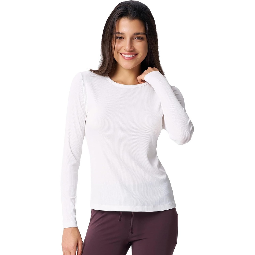 image:imageGYS Long Sleeve Shirts for Women Soft Modal Ribbed Crewneck Basic TeeWhite