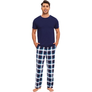 GYS Bamboo Viscose Men’s Pajama Sets, Soft Short Sleeve Loungewear Sets(Navy Green Plaid)