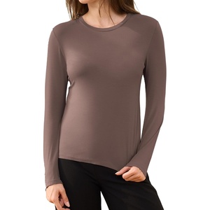 GYS Bamboo Viscose Womens Pajama Tops, Crew Neck Long Sleeve Base Layer Tee(Crew Neck-khaki)