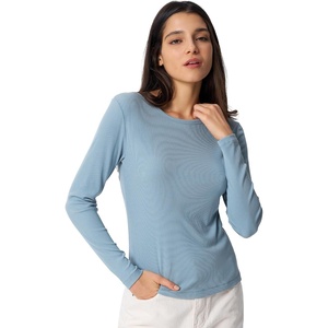 GYS Long Sleeve Shirts for Women, Soft Modal Ribbed Crewneck Basic Tee(Grayish Blue)