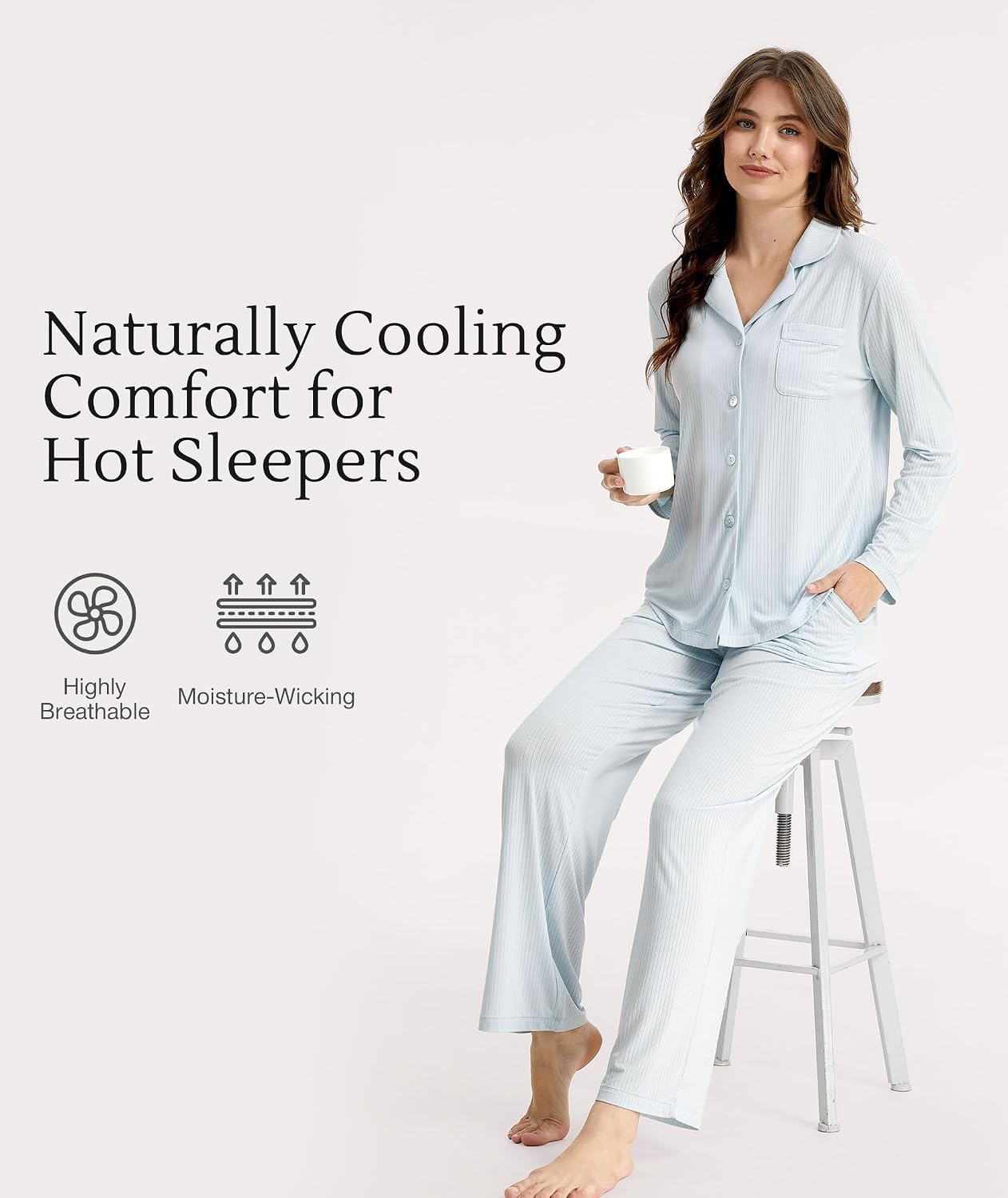 image:imageGYS Bamboo Viscose Pajama Sets for Women Lightweight Long Sleeve SleepwearBreezy Blue