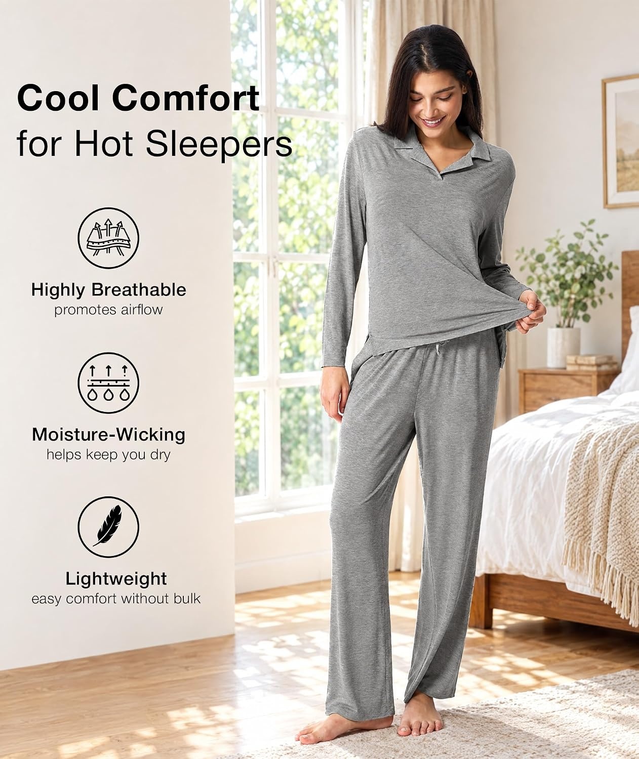 image:imageGYS Bamboo Viscose Pajamas for Women Long Sleeve Sleepwear for Hot SleepersHeather Grey