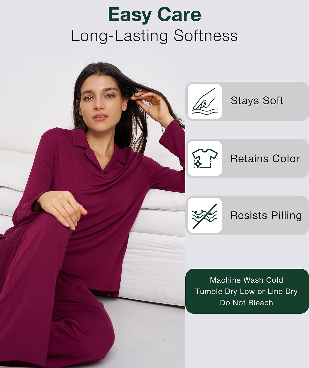 image:imageGYS Bamboo Viscose Pajamas for Women Long Sleeve Sleepwear for Hot SleepersWine