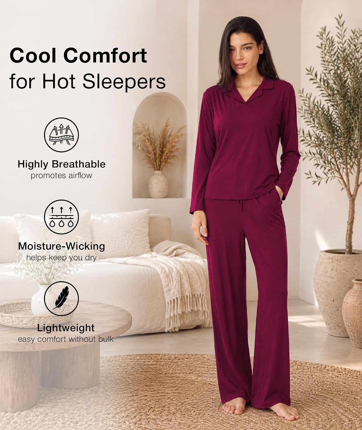 image:imageGYS Bamboo Viscose Pajamas for Women Long Sleeve Sleepwear for Hot SleepersWine