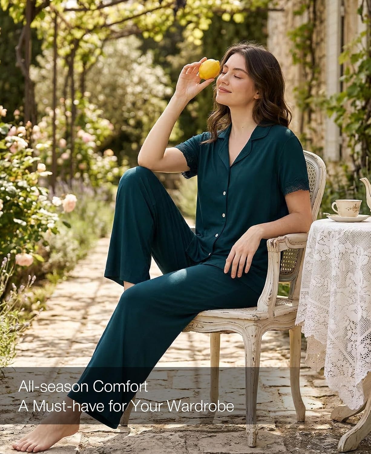 image:imageGYS Bamboo Viscose Pajamas for Women Set Short Sleeve Button Down SleepwearDarkcyan