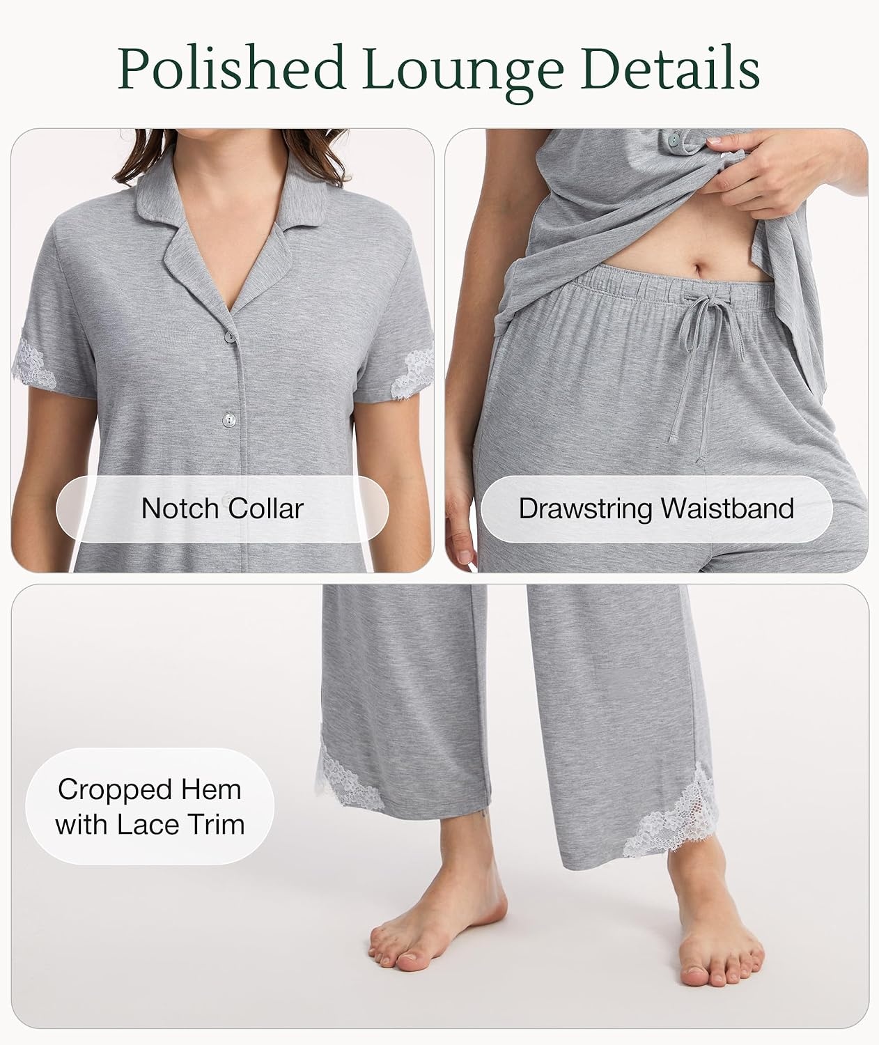 image:imageGYS Bamboo Viscose Pajamas for Women Set Short Sleeve Button Down SleepwearLight Heather Grey