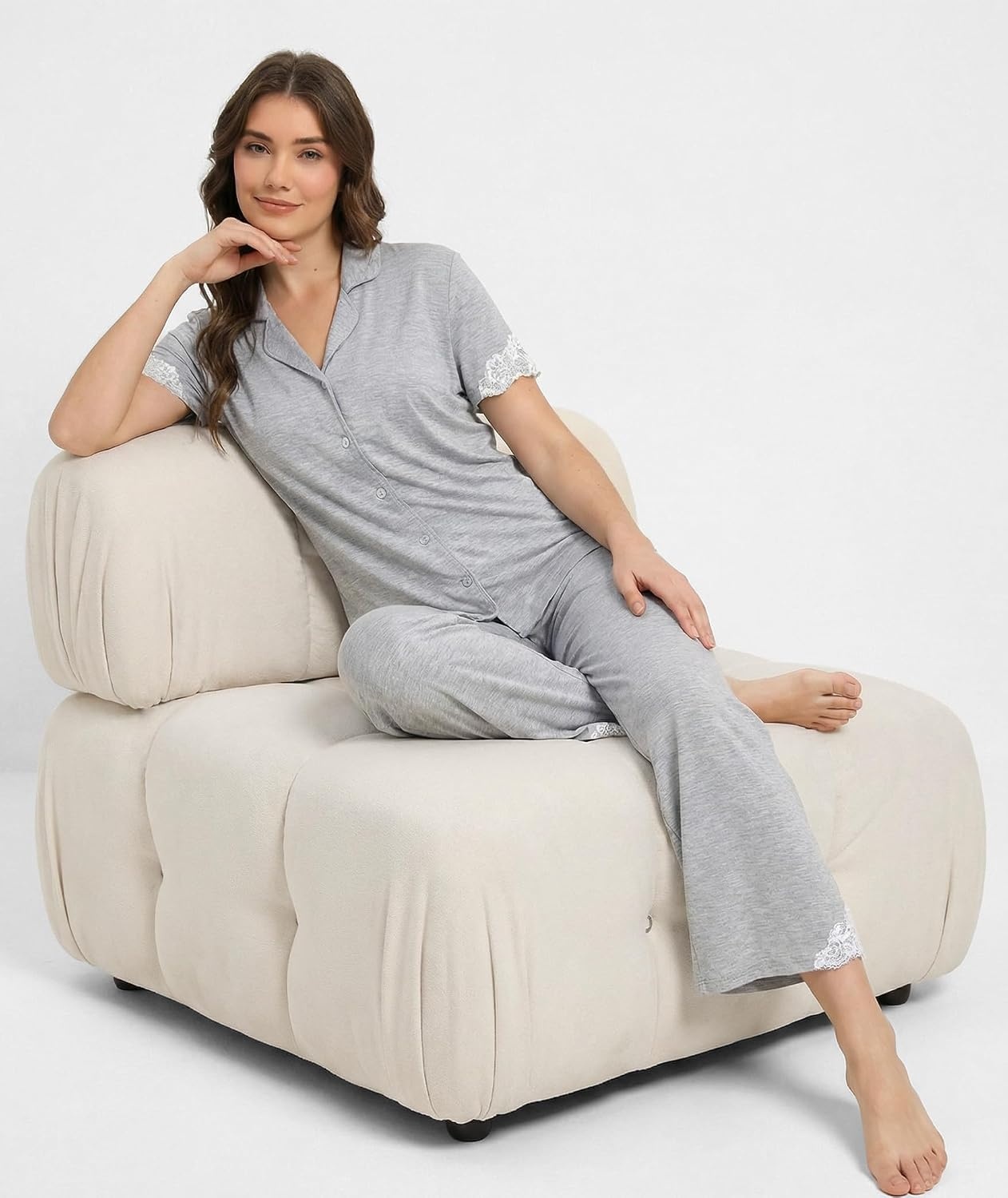image:imageGYS Bamboo Viscose Pajamas for Women Set Short Sleeve Button Down SleepwearLight Heather Grey