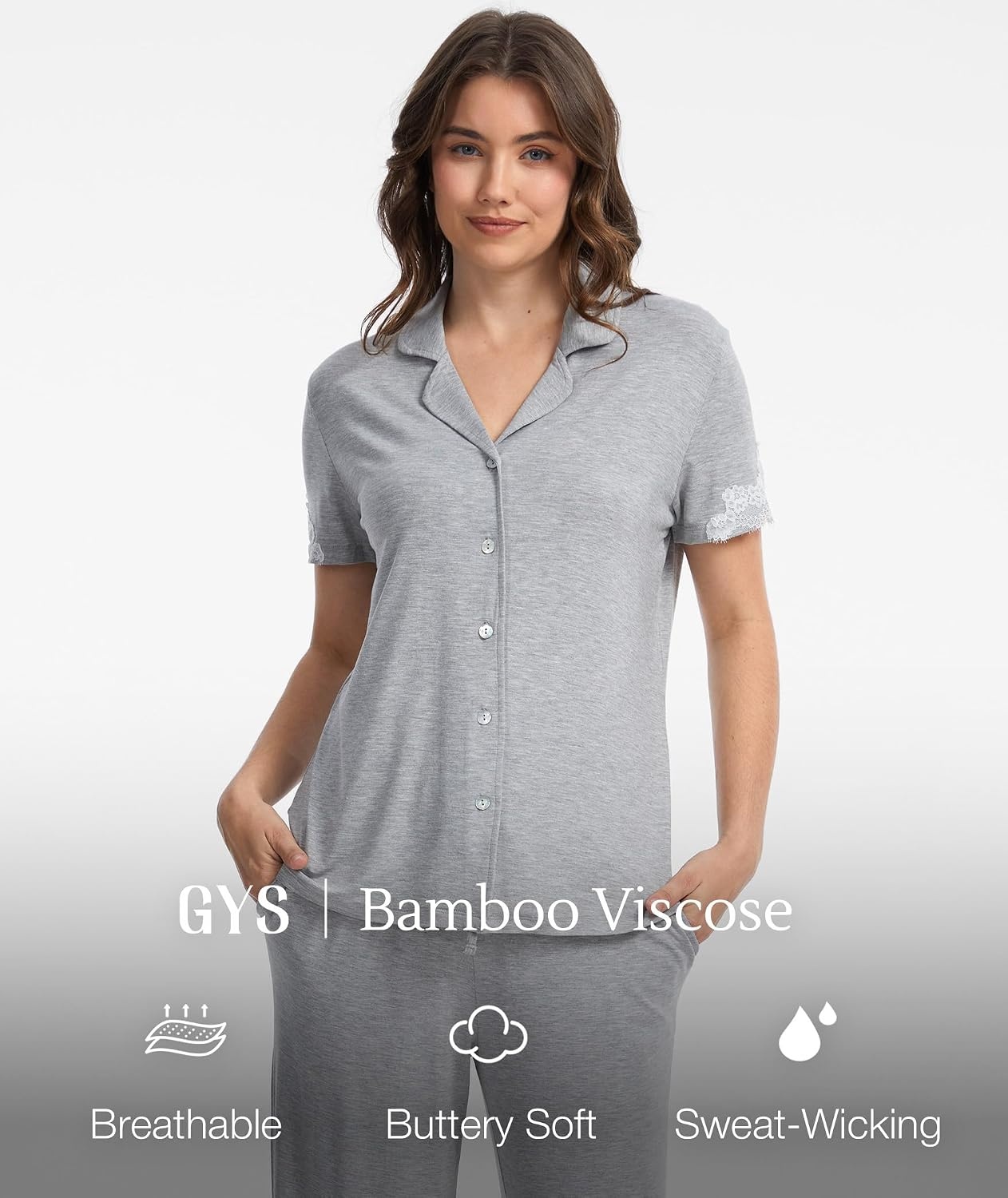 image:imageGYS Bamboo Viscose Pajamas for Women Set Short Sleeve Button Down SleepwearLight Heather Grey