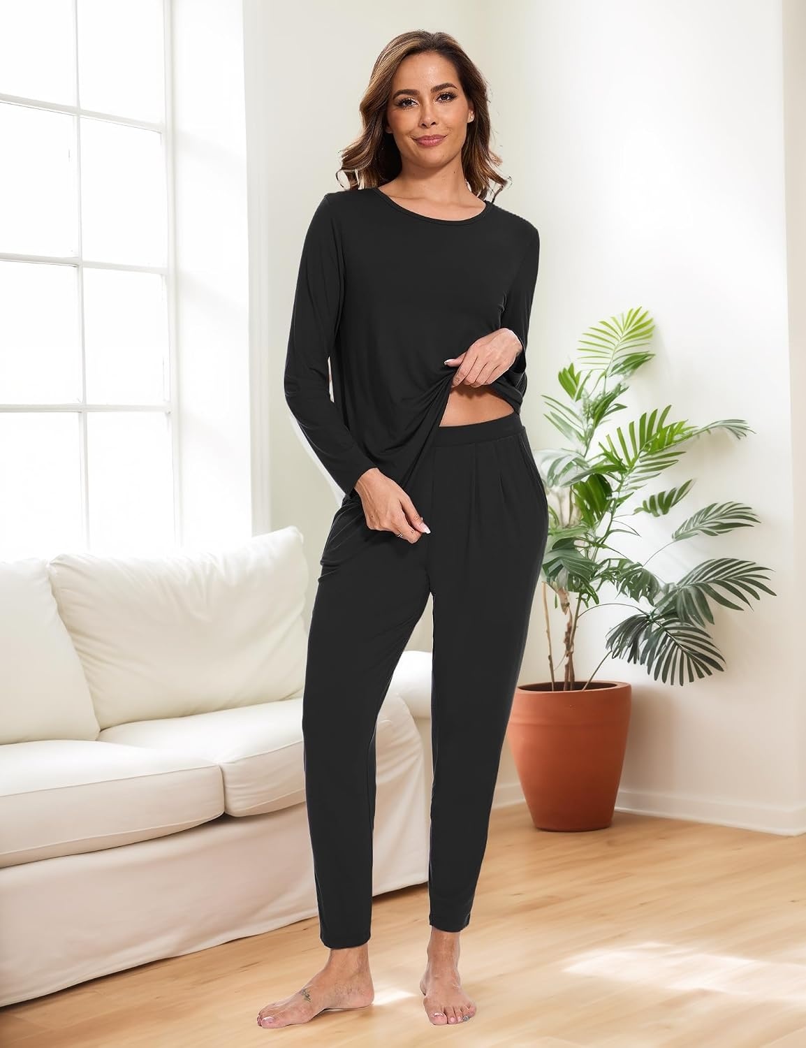 image:imageGYS Bamboo Viscose Women Pajama Sets Long Sleeve Crew Neck Lounge Set with PocketsBlack