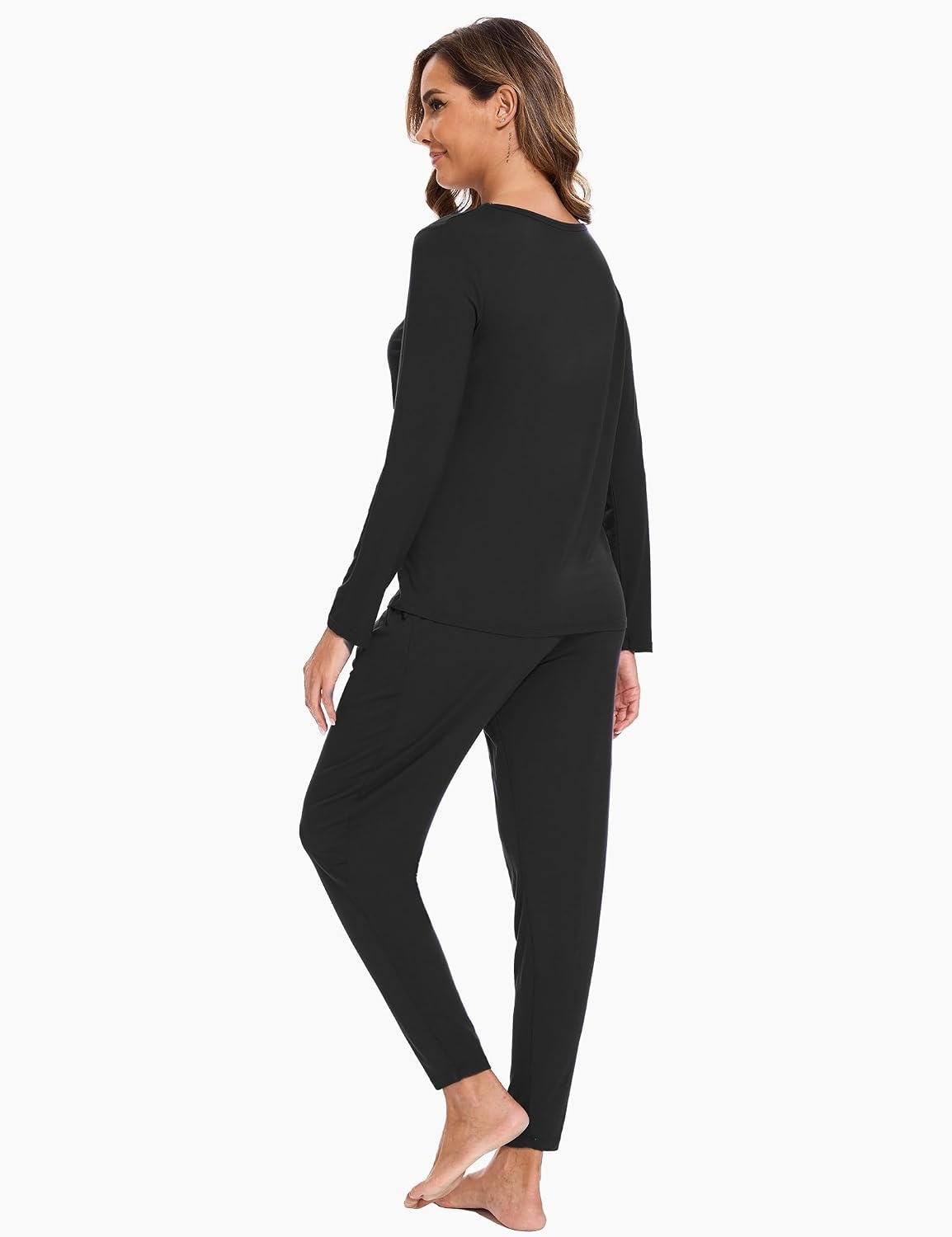 image:imageGYS Bamboo Viscose Women Pajama Sets Long Sleeve Crew Neck Lounge Set with PocketsBlack