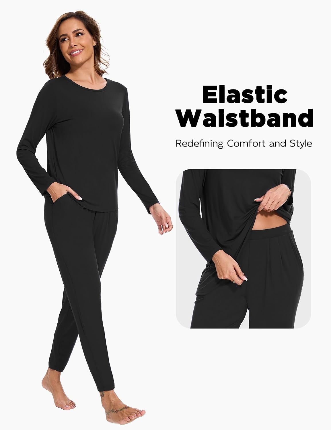 image:imageGYS Bamboo Viscose Women Pajama Sets Long Sleeve Crew Neck Lounge Set with PocketsBlack