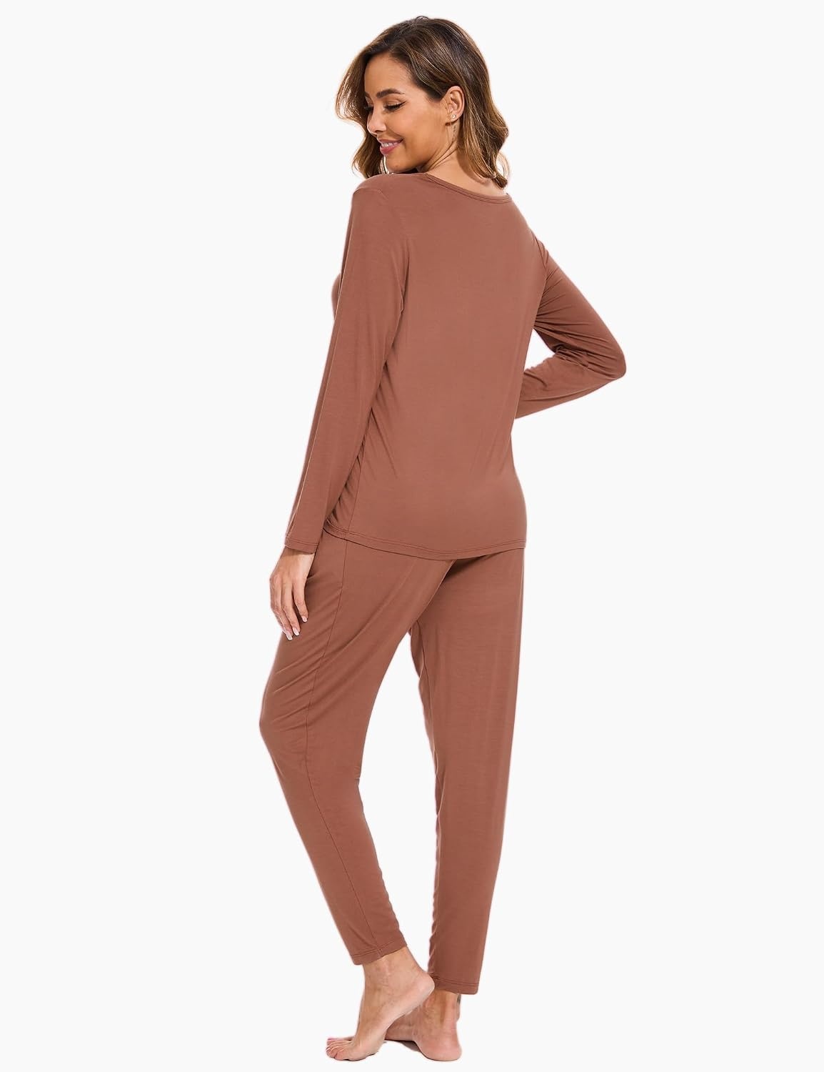 image:imageGYS Bamboo Viscose Women Pajama Sets Long Sleeve Crew Neck Lounge Set with PocketsCherry Mahogany